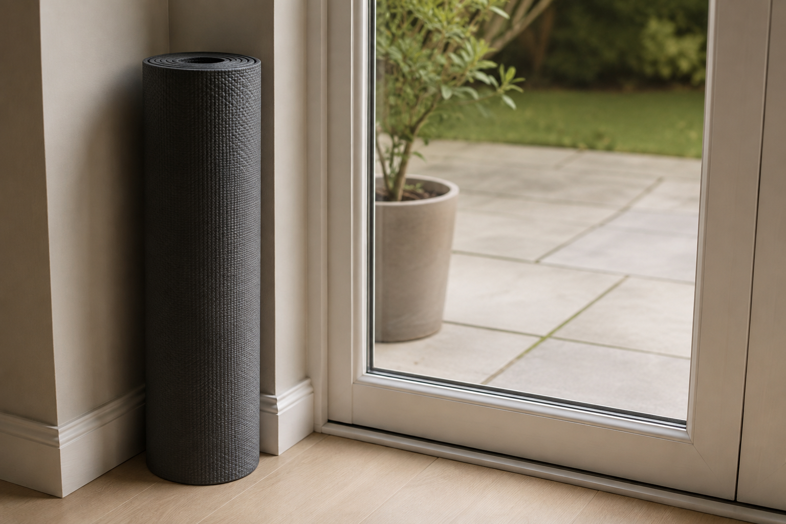 A rolled yoga mat standing against the wall beside the garden door, with a potted shrub and paving outside